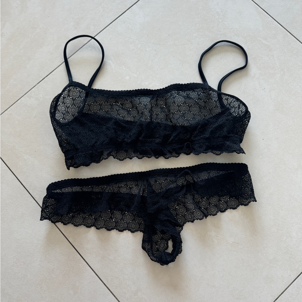 Sheer Black Lace Bralette and Bikini Brief Set - Delicate Lace Intimates